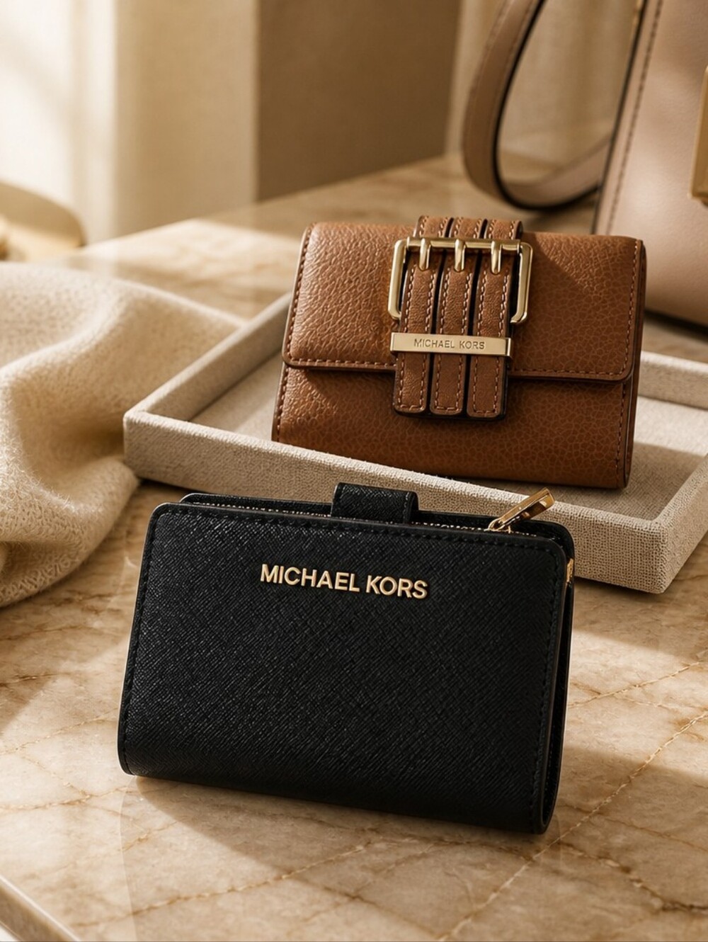 Michael Kors Blue Saffiano Leather Mini Wallet with Gold Logo And Brown Buckle